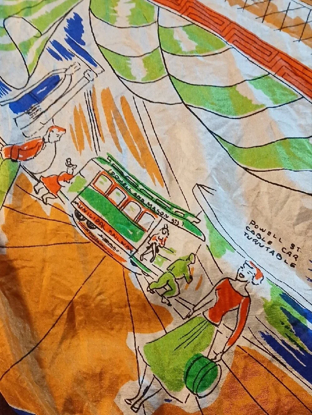 Pure Silk Hand Screened Printed San Fransico Suvenier Scarf - Vintage